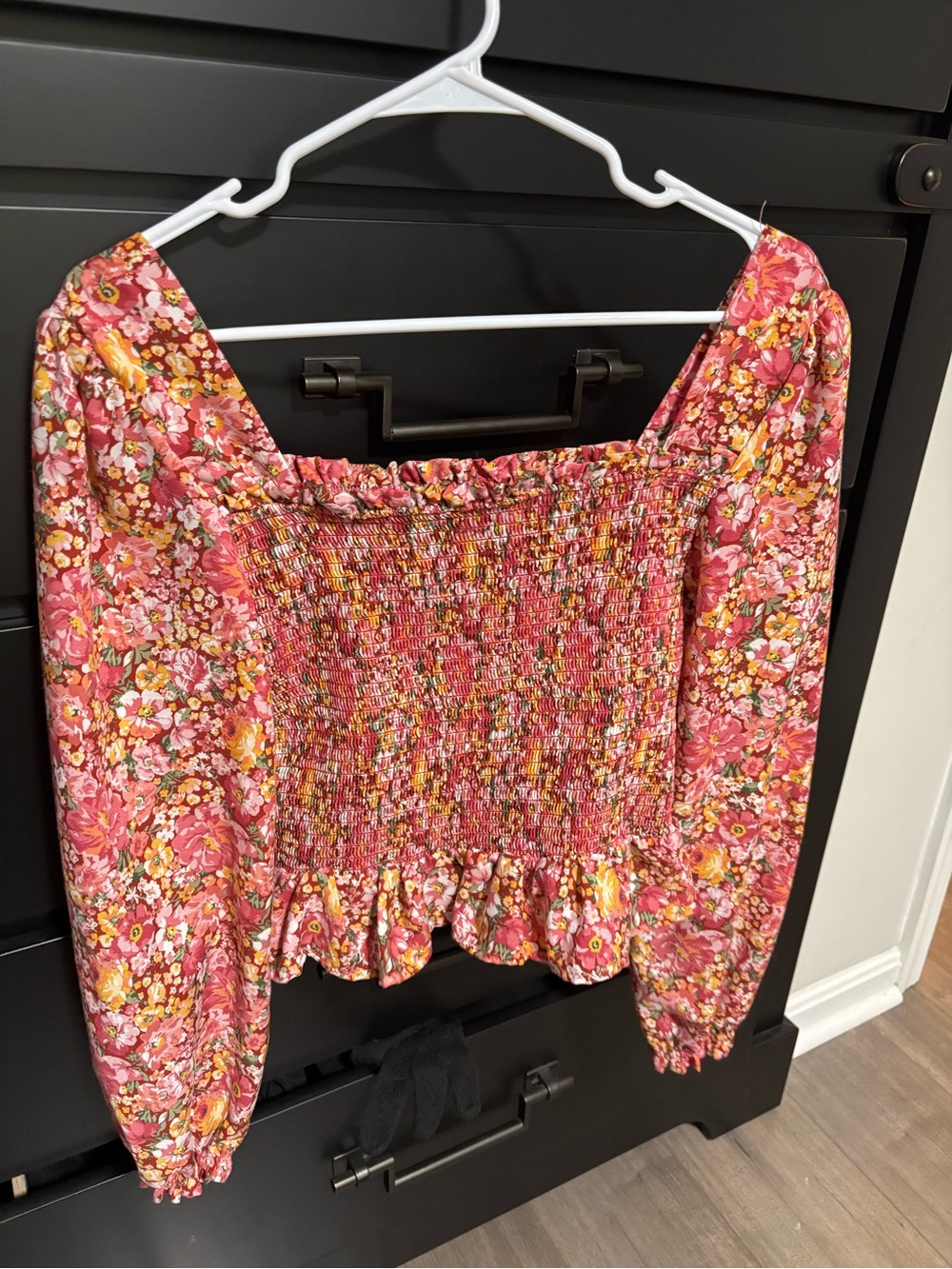 Crystal Doll Pink Floral Smocked Square-Neck Blouse